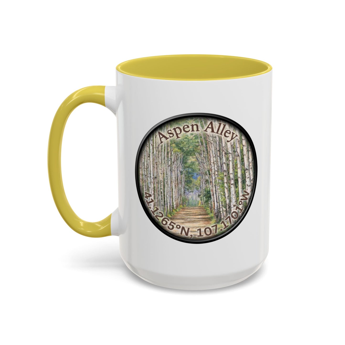 Aspen Alley Ceramic Mug (11oz/15oz) — Scenic Aspen Path Photography with Coordinates
