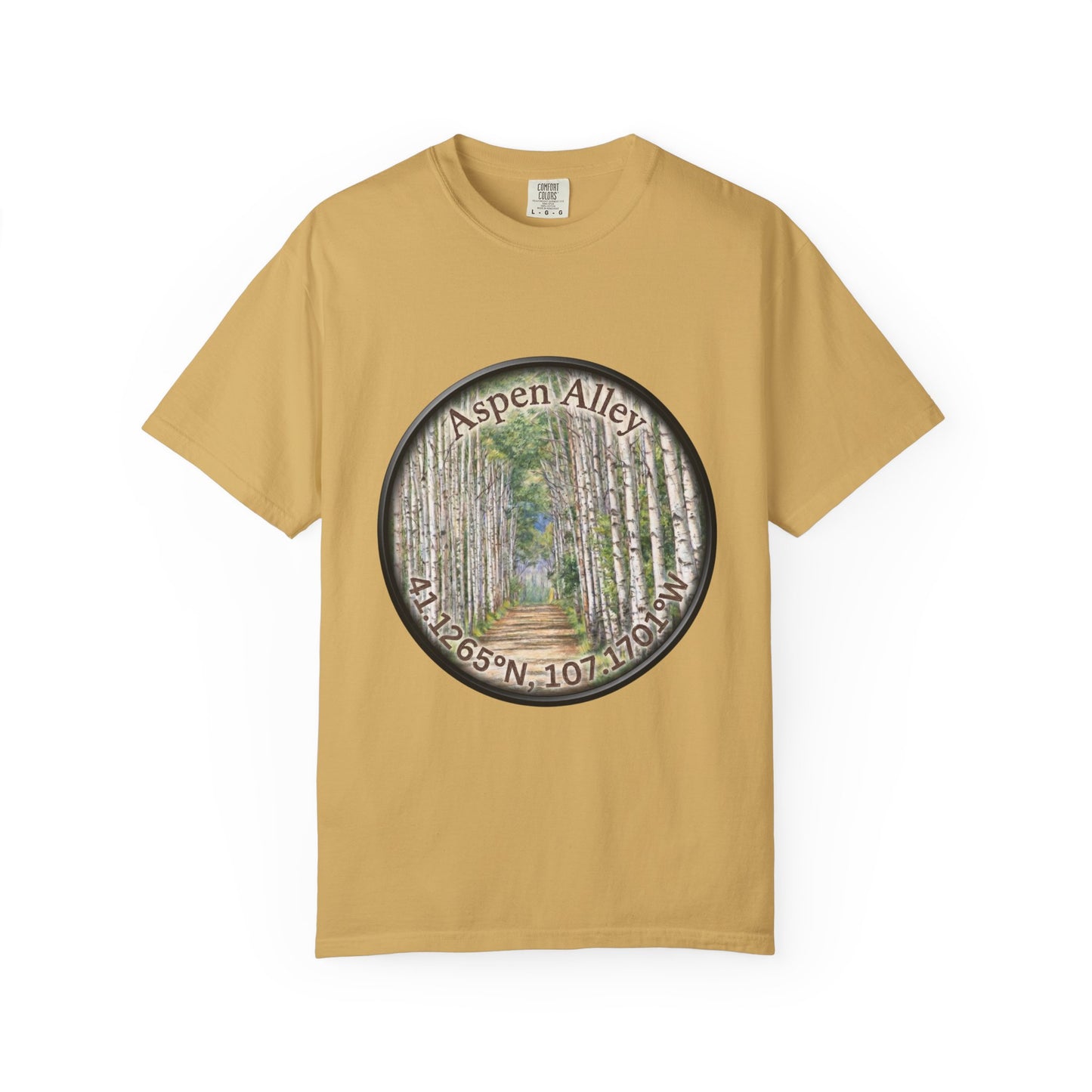 Aspen Alley T‑Shirt — Scenic Forest Path Tee with GPS Coordinates