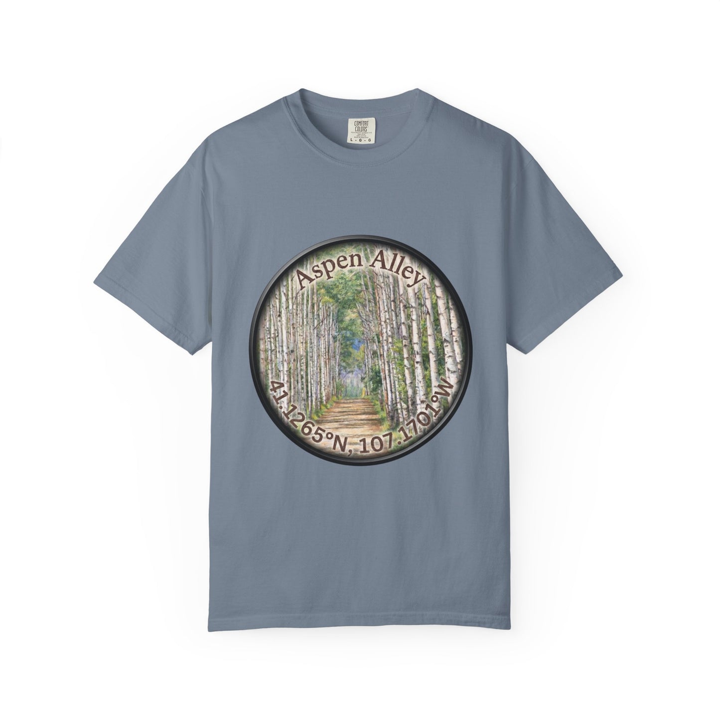 Aspen Alley T‑Shirt — Scenic Forest Path Tee with GPS Coordinates