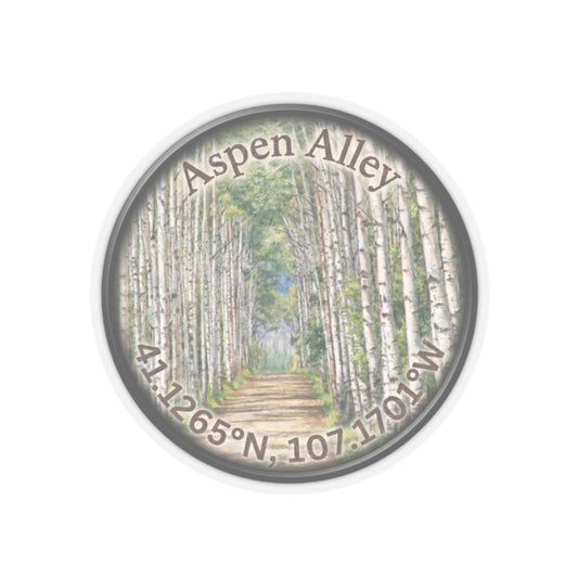 Aspen Alley Kiss-Cut Sticker — Scenic Aspen Tree Path with Coordinates