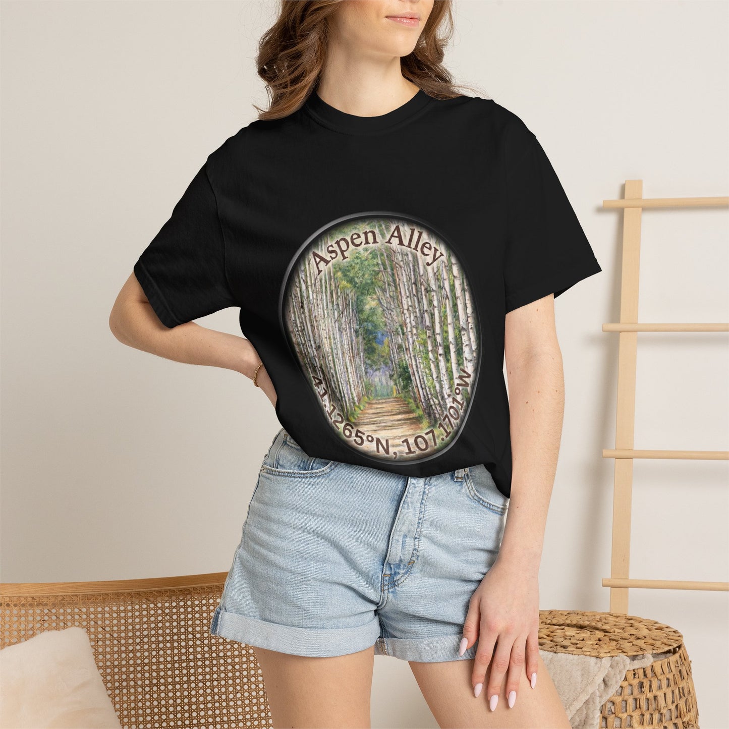 Aspen Alley T‑Shirt — Scenic Forest Path Tee with GPS Coordinates