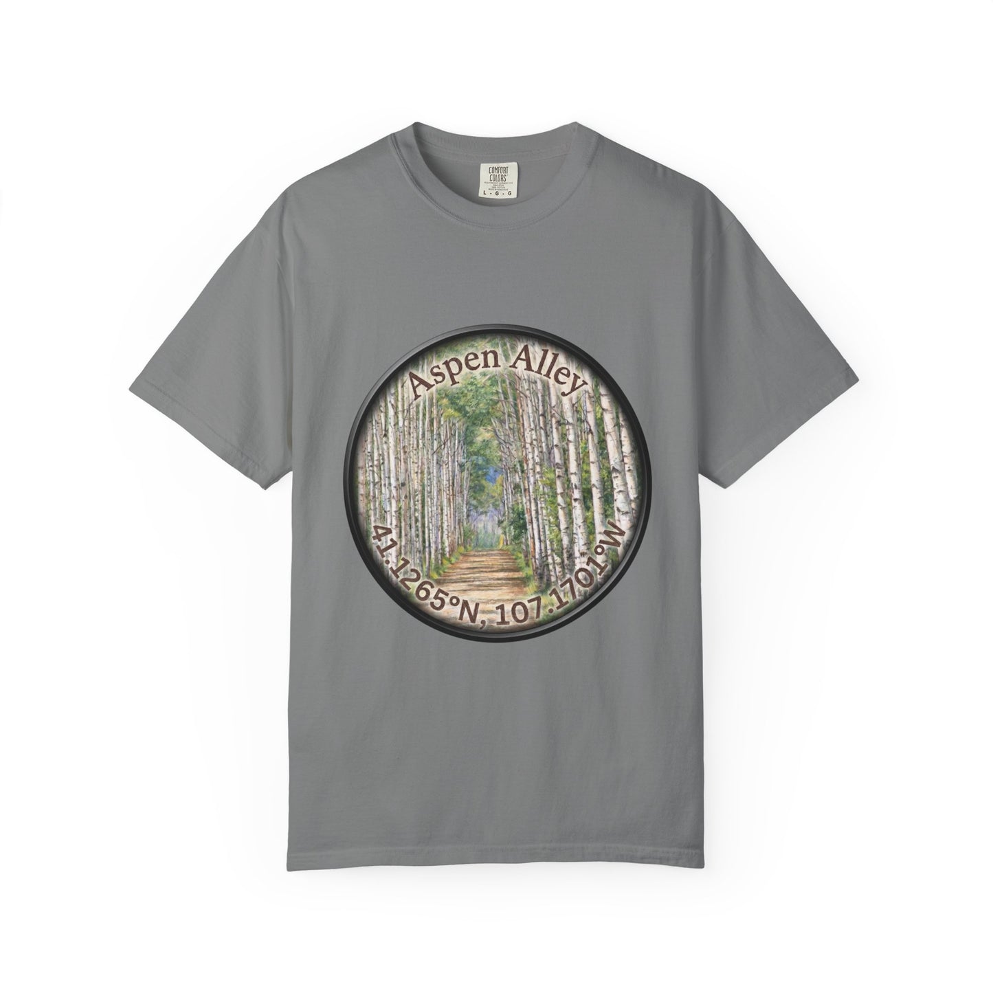 Aspen Alley T‑Shirt — Scenic Forest Path Tee with GPS Coordinates
