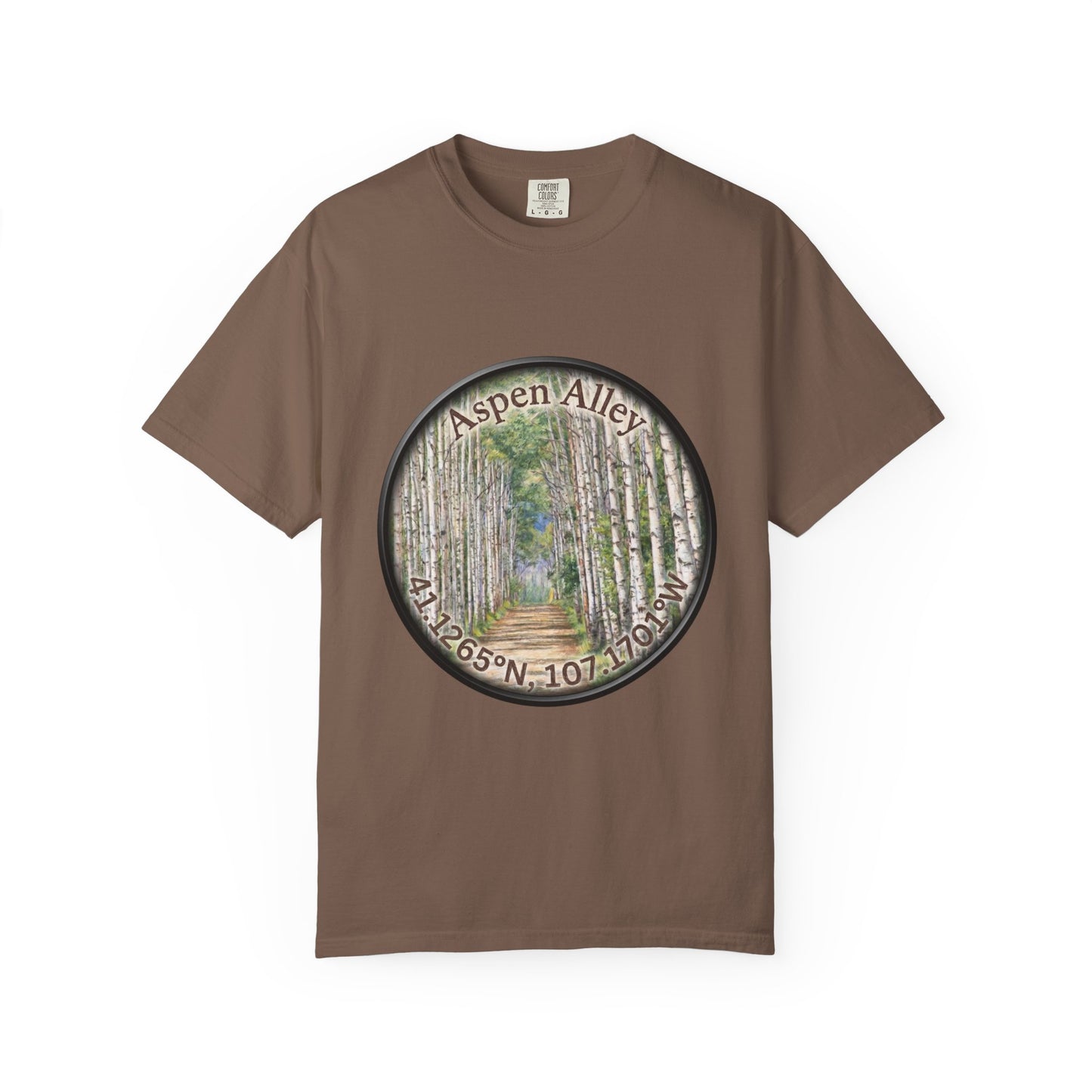 Aspen Alley T‑Shirt — Scenic Forest Path Tee with GPS Coordinates