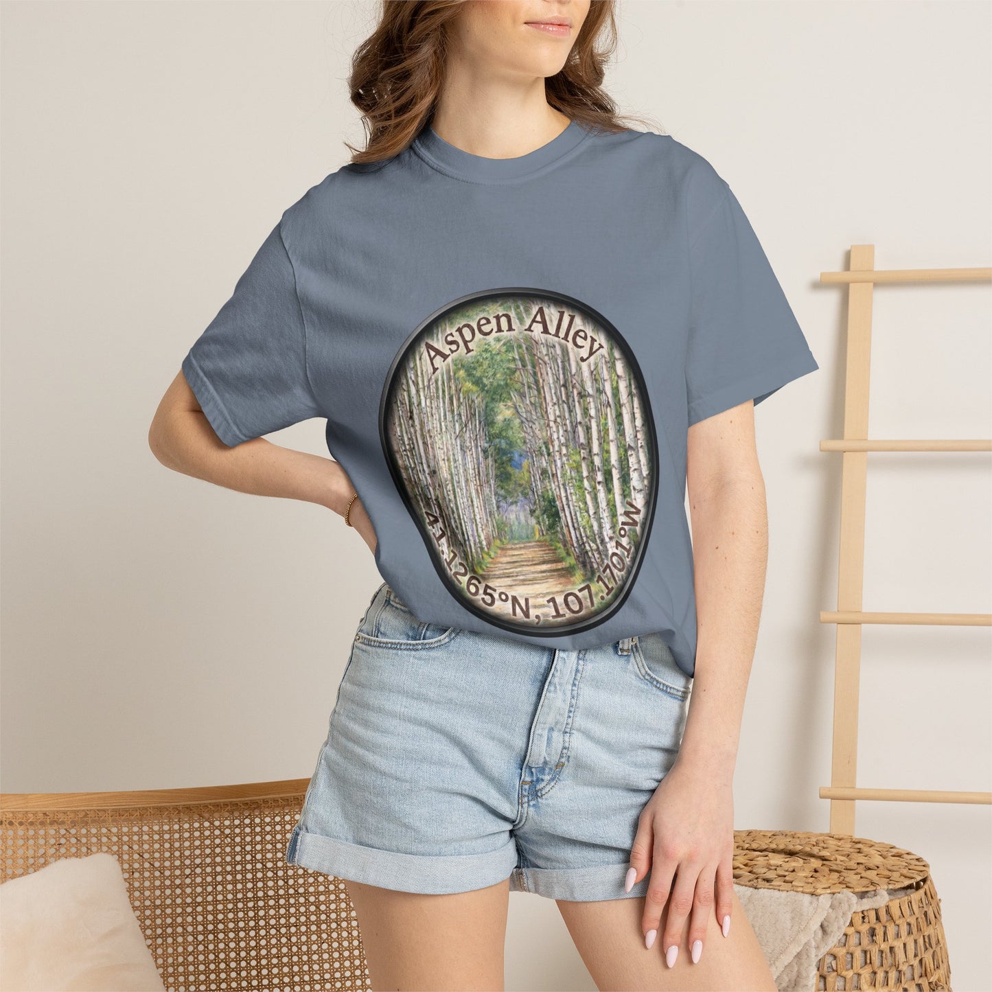 Aspen Alley T‑Shirt — Scenic Forest Path Tee with GPS Coordinates