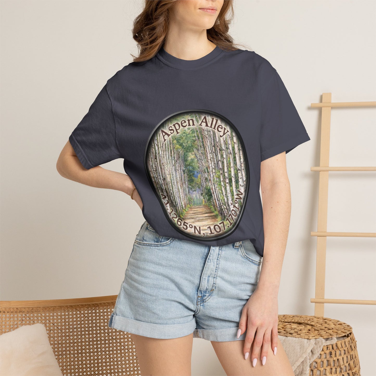 Aspen Alley T‑Shirt — Scenic Forest Path Tee with GPS Coordinates