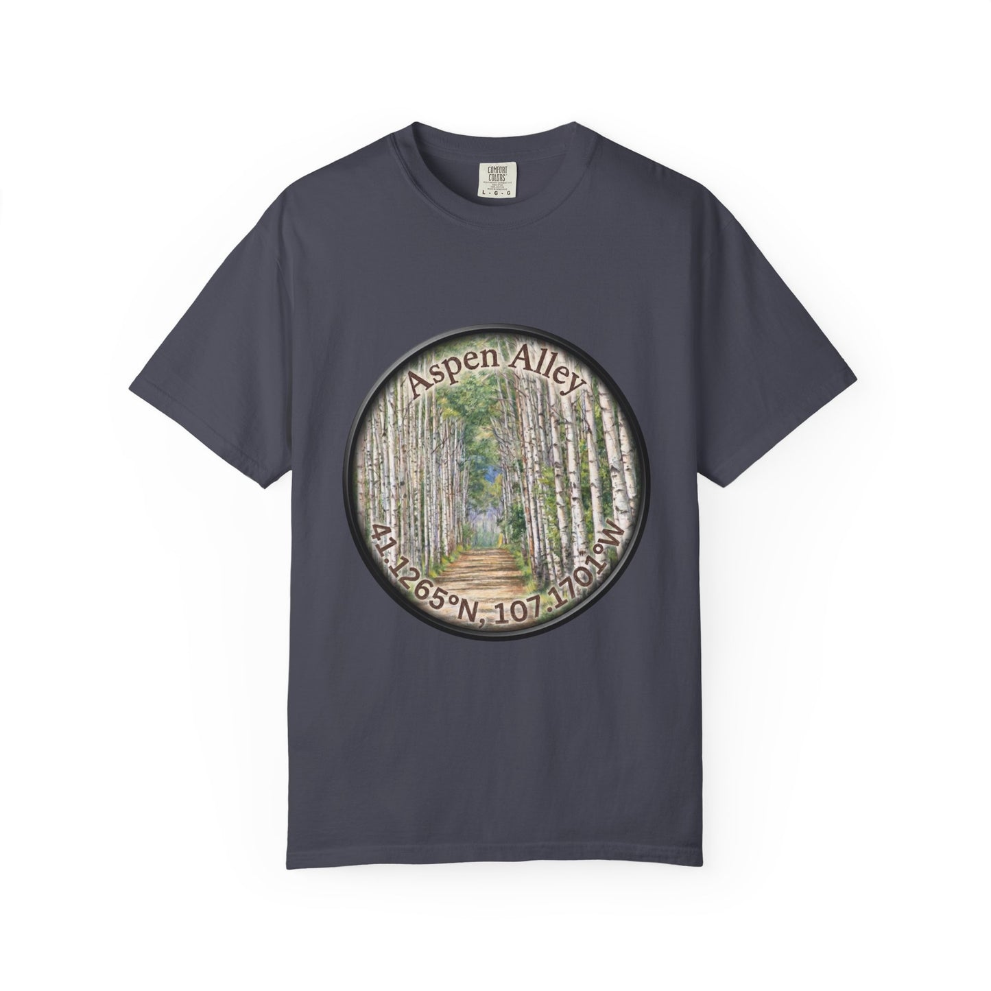Aspen Alley T‑Shirt — Scenic Forest Path Tee with GPS Coordinates