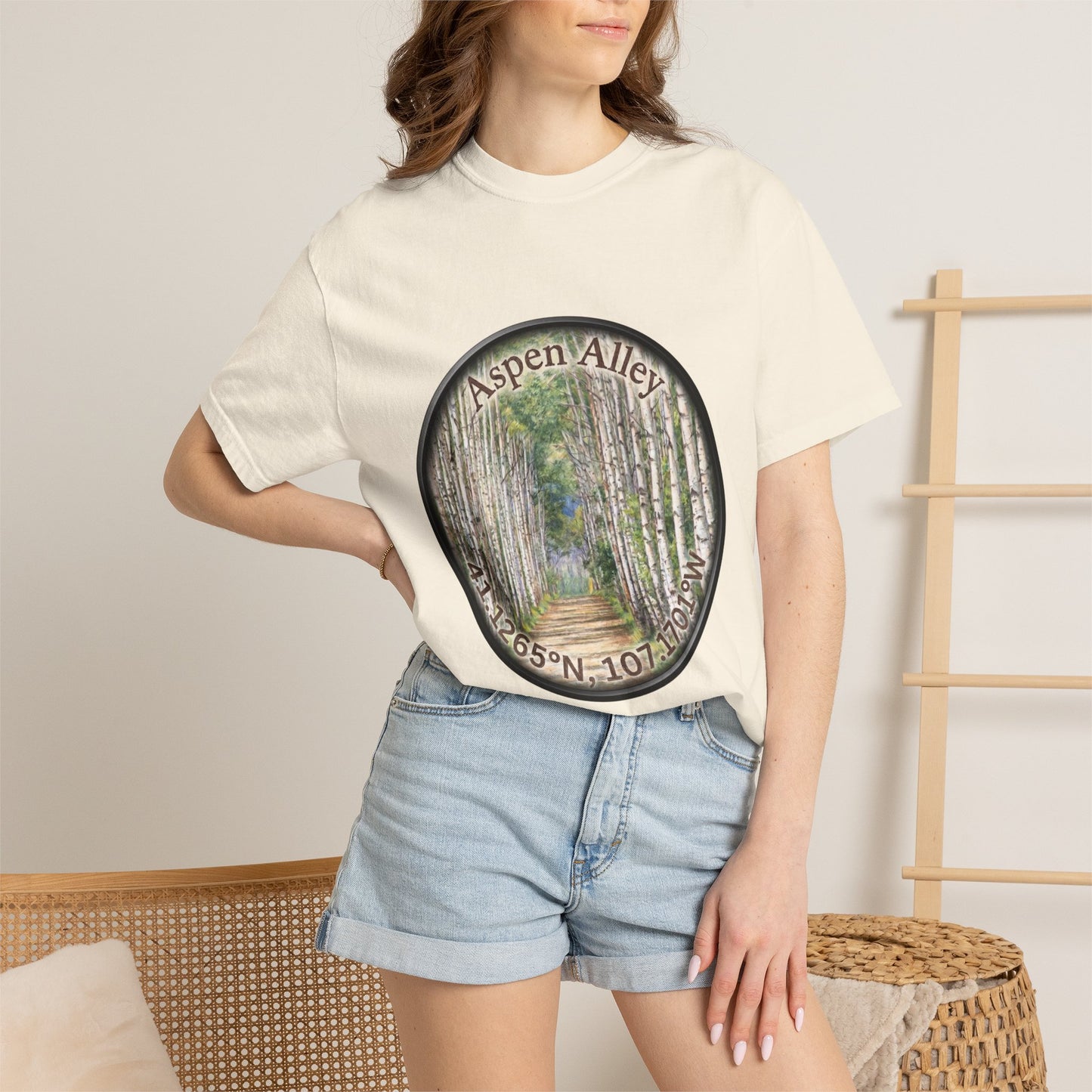 Aspen Alley T‑Shirt — Scenic Forest Path Tee with GPS Coordinates