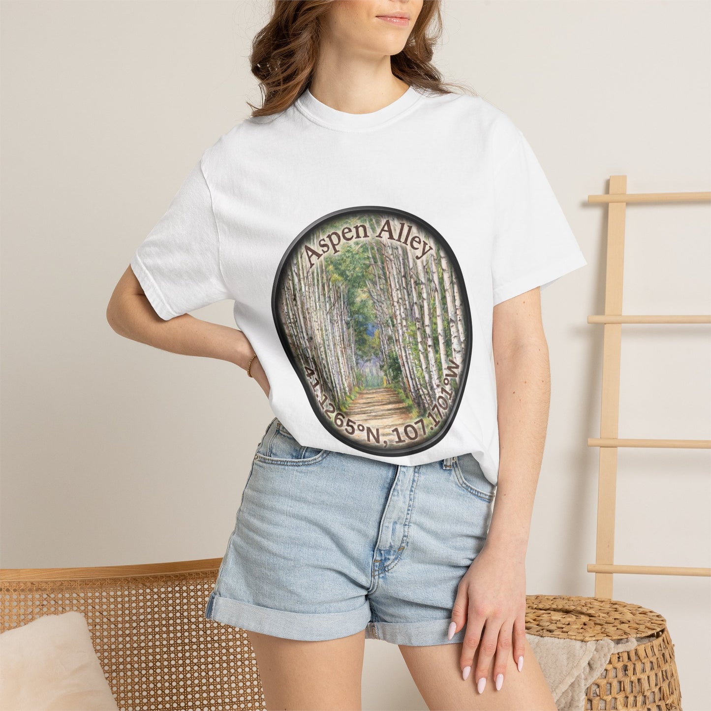 Aspen Alley T‑Shirt — Scenic Forest Path Tee with GPS Coordinates