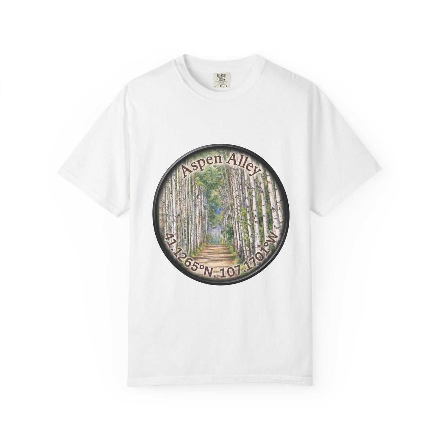 Aspen Alley T‑Shirt — Scenic Forest Path Tee with GPS Coordinates