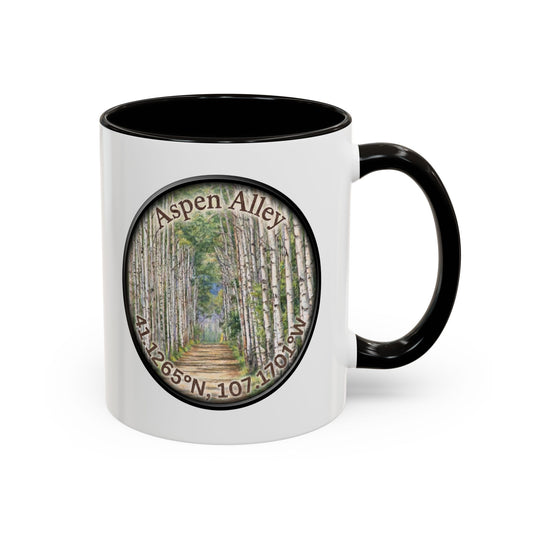 Aspen Alley Ceramic Mug (11oz/15oz) — Scenic Aspen Path Photography with Coordinates