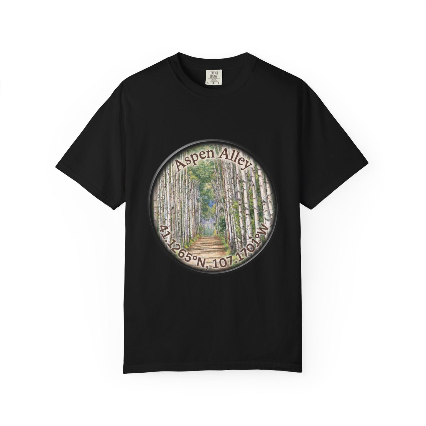 Aspen Alley T‑Shirt — Scenic Forest Path Tee with GPS Coordinates