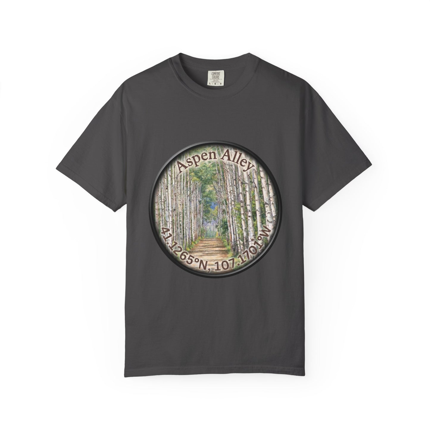 Aspen Alley T‑Shirt — Scenic Forest Path Tee with GPS Coordinates